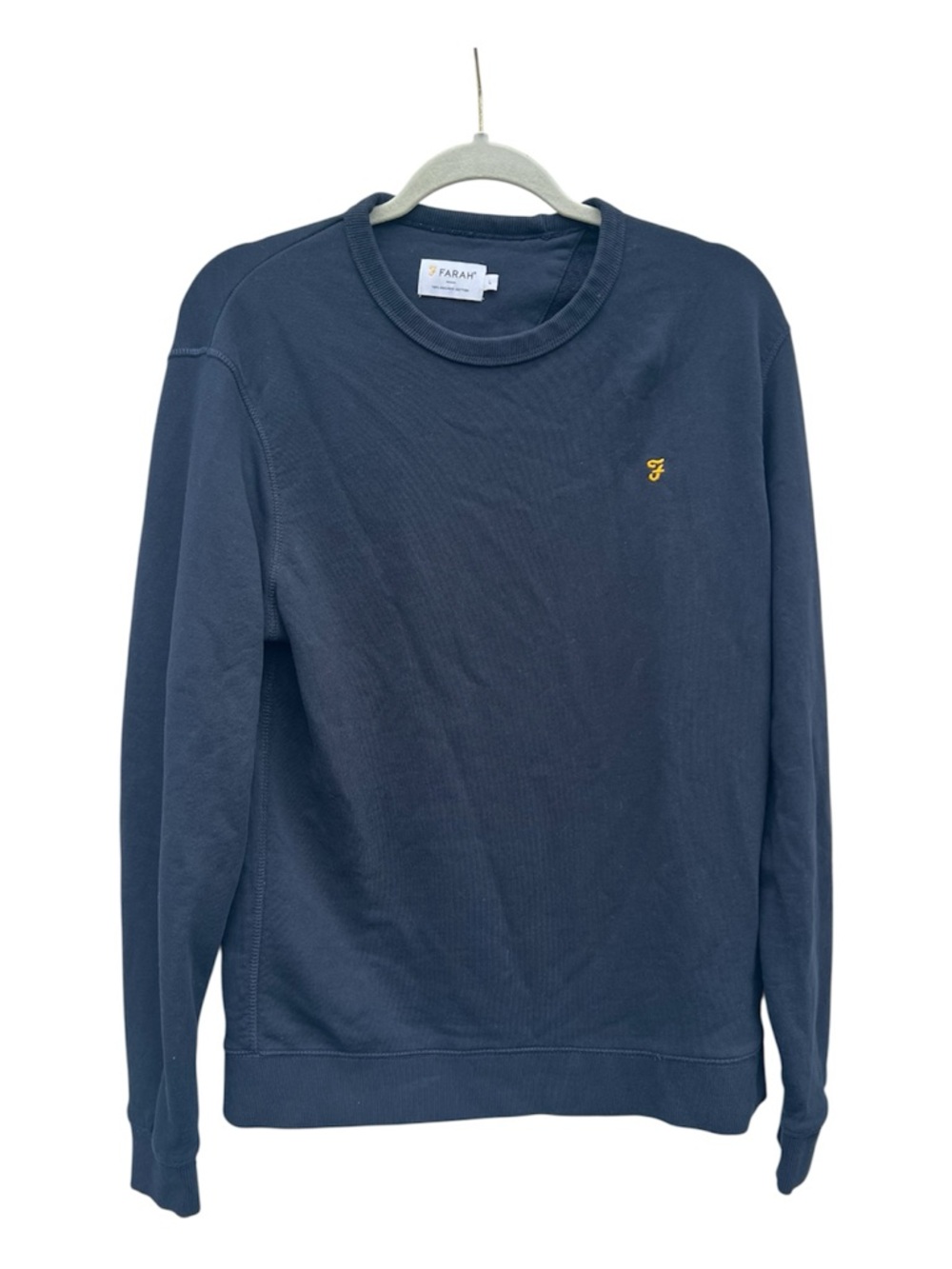 Farah Men's Large Navy Sweatshirt  Yellow Embroidered 'F' Long Sleeve Crewneck